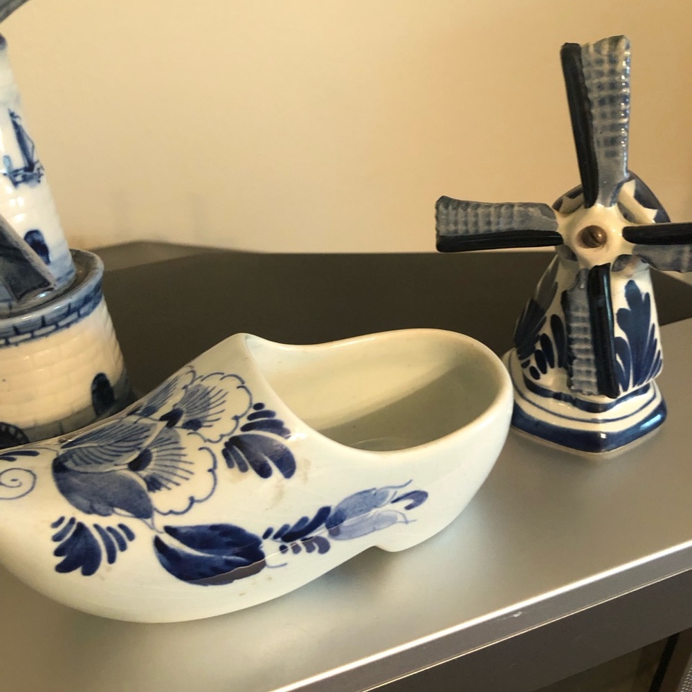 Blue and White Ceramic Windmill Decorative Pair   &  One Ceramic Shoe  - Holland